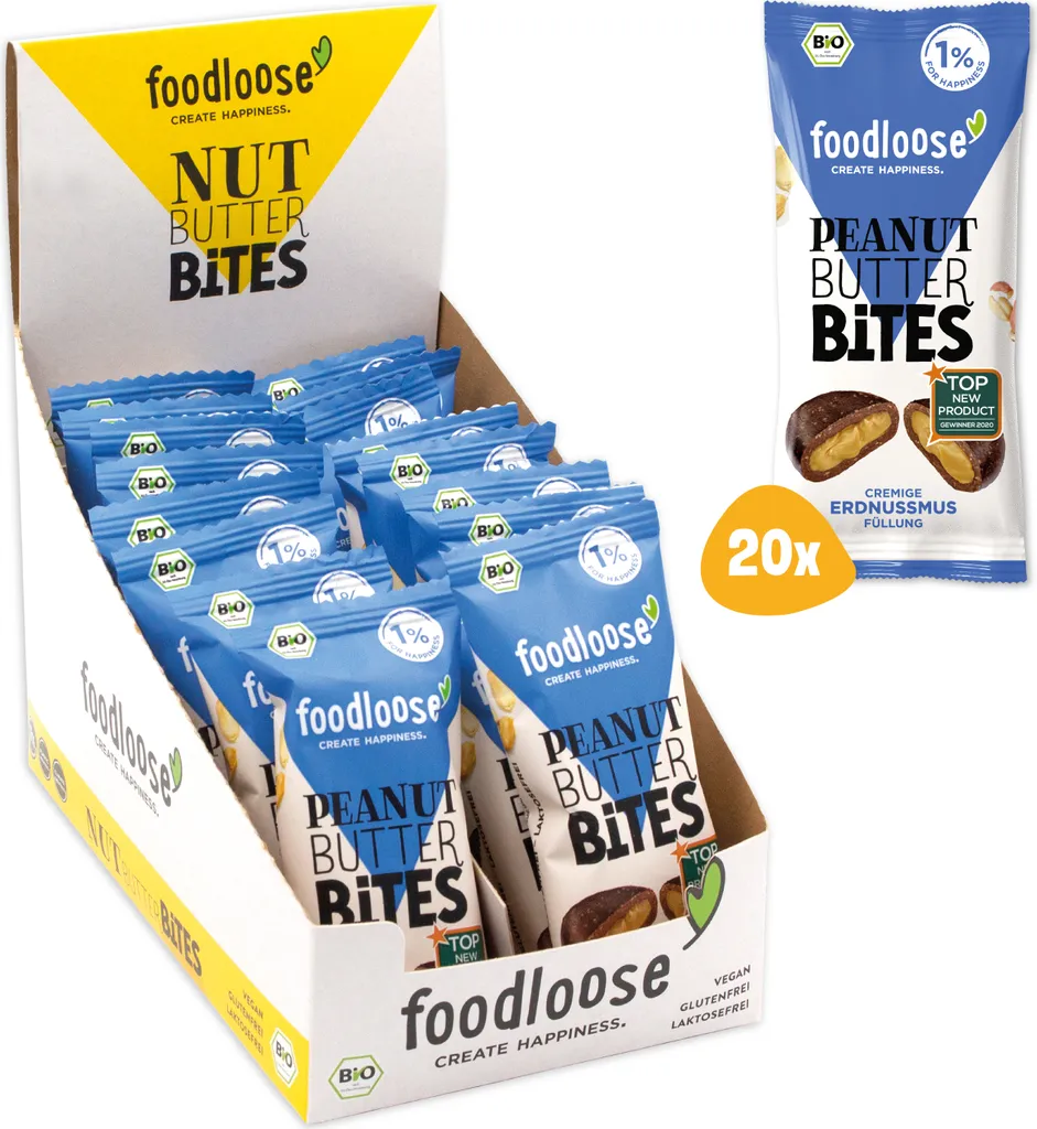 Foodloose Peanut Butter Bites Erdnussmus | 20x40g | Leckerer Snack Aus Datteln Mit Cremiger Erdnussbutter-Füllung | Vegan & Glutenfrei 3 Foodloose Peanut Butter Bites Erdnussmus | 20x40g | Leckerer Snack Aus Datteln Mit Cremiger Erdnussbutter-Füllung | Vegan & Glutenfrei