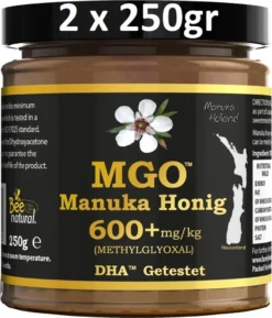 MANUKA HONIG BEE NATURAL MGO® 600+ 500g (= 2 X 250g) / MANUKAHONIG IN EINEM ECHTGLAS GLAS # MGO 300 ≥ UMF 10, 400 ≥ UMF 12, 550 ≥ 15, 700 ≥ 18, 800 ≥ 19, 850 ≥ 20