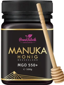 Manuka Honig | MGO 550+ | 500g | HALAL | Das ORIGINAL Aus NEUSEELAND | PUR, ROH & | 100% Natürlich | INKL. GRATIS HONIGLÖFFEL Aus Holz | PowerFabrik