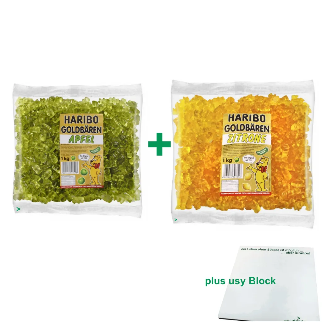 Haribo Goldbären Testpaket Apfel & Zitrone (je 1kg Sortenrein) + Usy Block 3 Haribo Goldbären Testpaket Apfel & Zitrone (je 1kg Sortenrein) + Usy Block