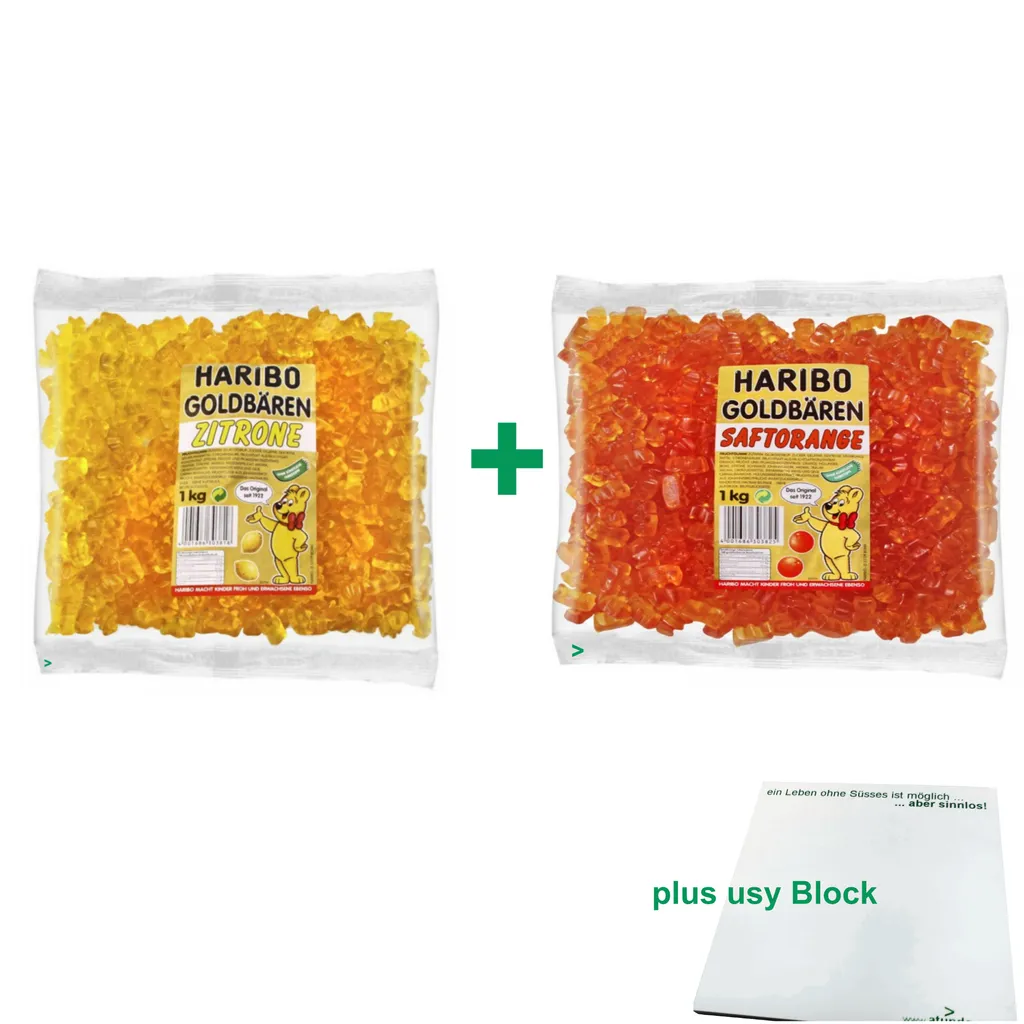Haribo Goldbären Testpaket Zitrone & Orange (je 1kg Sortenrein) + Usy Block 3 Haribo Goldbären Testpaket Zitrone & Orange (je 1kg Sortenrein) + Usy Block